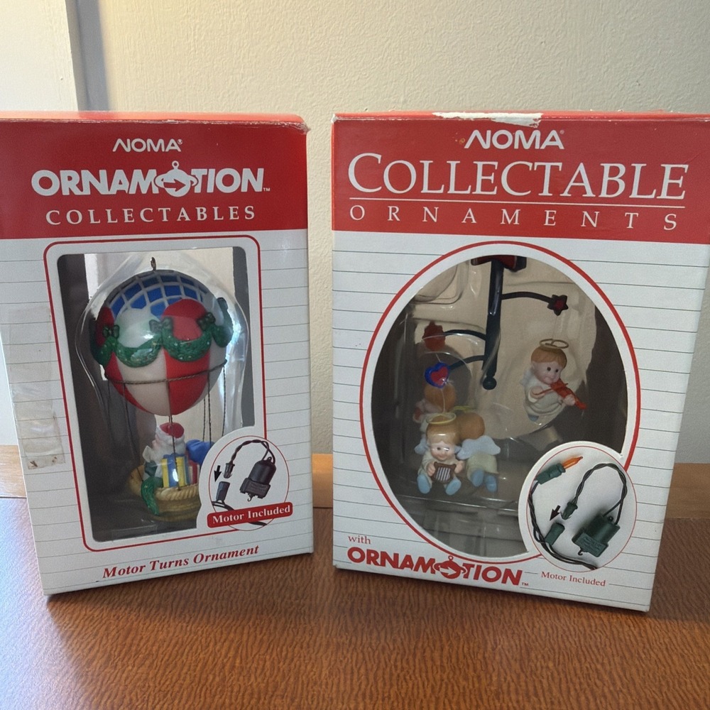 2 Vtg NOMA Ornamotion Christmas Ornaments NIB Motors Santa Balloon & Angels 1989